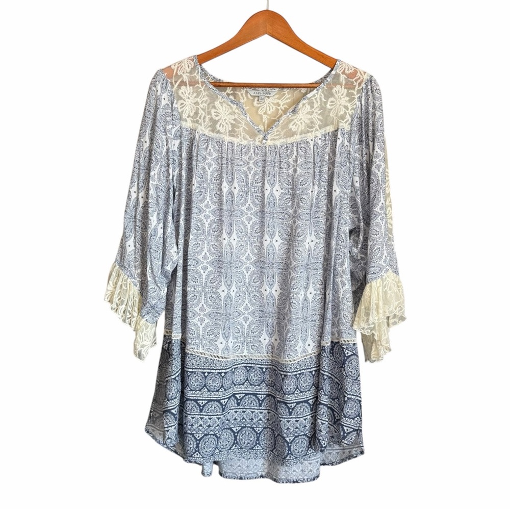 John Mark Blue Cream Boho Lace Peasant Blouse Size L Flowy Romantic Cottagecore